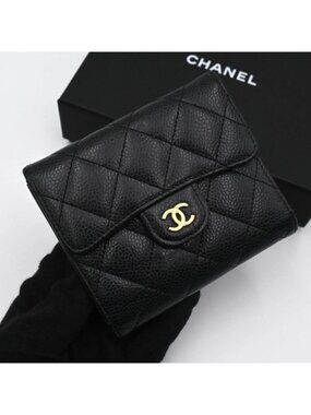 Chanel Quilted CC Logo Trifold Wallet Compact Classic Black